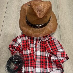 Brown Cowboy Hat and Red Plaid Shirt Set